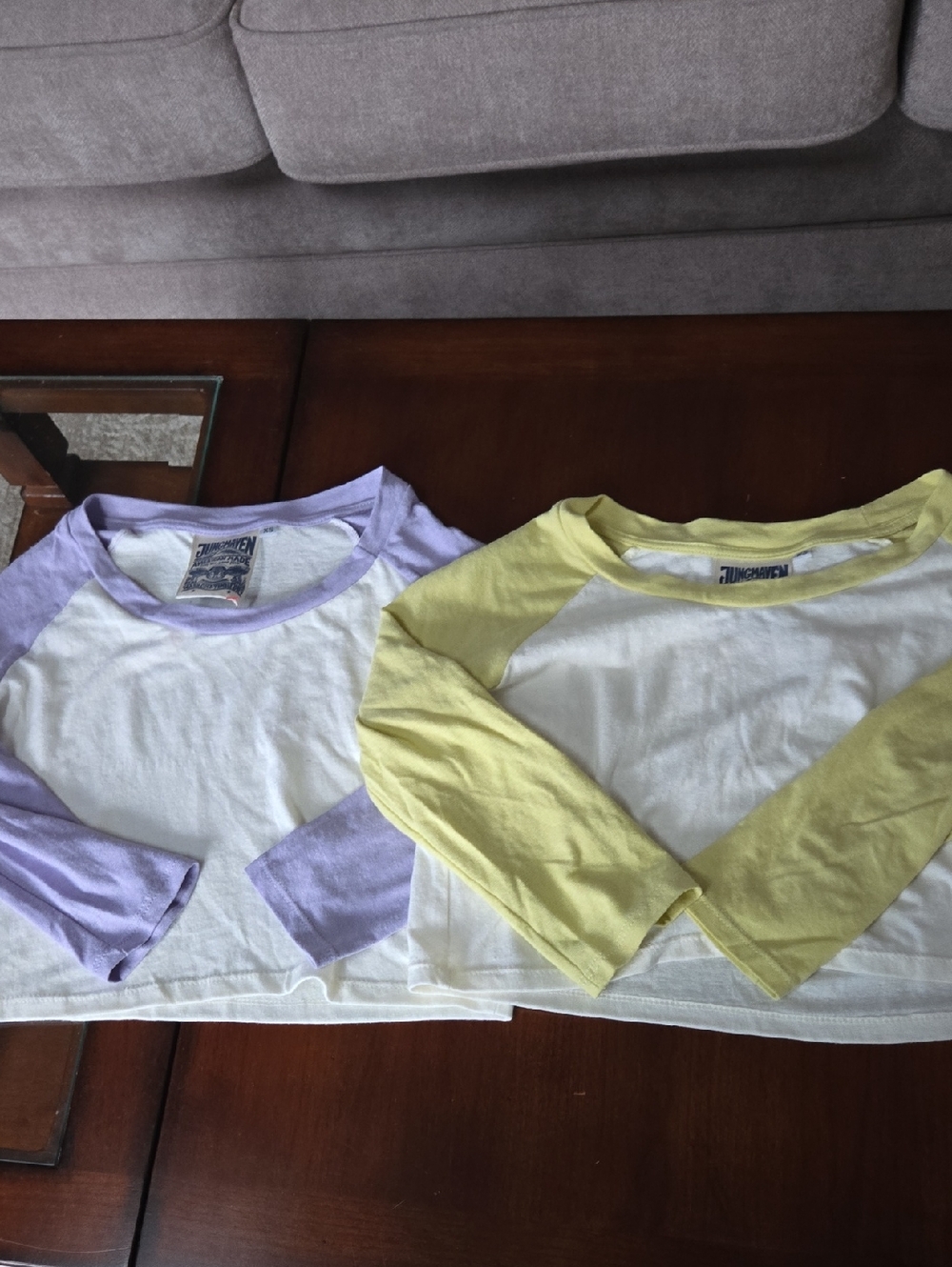 Jungmaven White Crop Tops with Lavender and Pale Yellow Raglan Sleeves